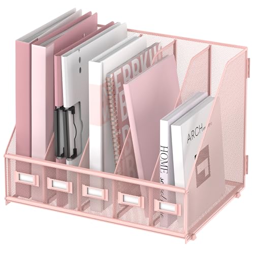 SUPEASY Desk Organizers Metal Desk Magazine File Holder with 5 Vertical Compartments Rack File Organizer for Office Desktop, Classroom, Home Workspace, Pink - color: Pink, size: Small