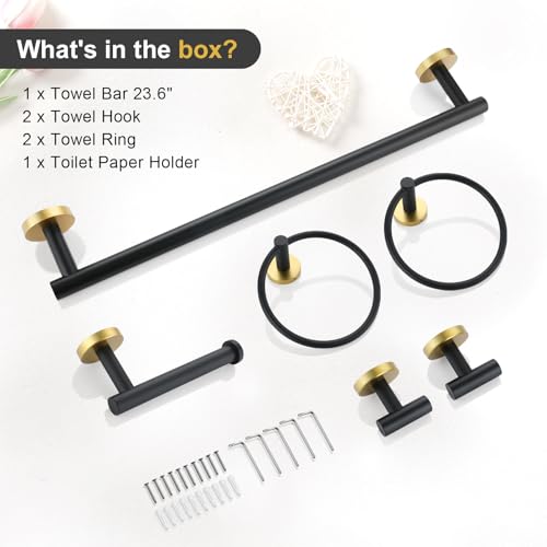 TQKAG Black and Gold Bathroom Hardware Set, 6-Piece Towel Bar Set 23.6 Inch - color: Black+gold, size: 6-Pieces Set