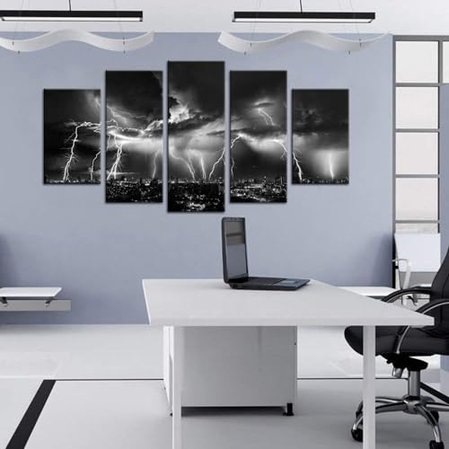 Biuteawal - Black and White City Wall Art Nature Lightning Strikes in The Clouds Painting on Canvas Storm Cityscape Picture Print for Home Office Bedroom Decoration - size: W60"xH32"
