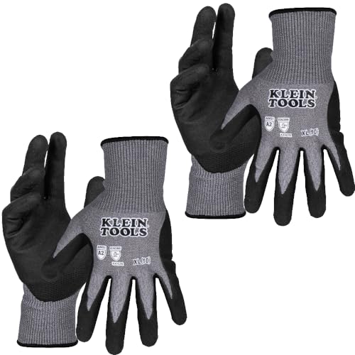 KLEIN TOOLS 60586 Work Gloves, Knit Dipped Cut Resistant ANSI A2 Nitrile Coated Gloves, HPPE Fabric, Touchscreen Capable, X- Large, 2-Pair - size: X-Large