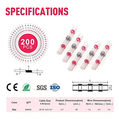 Kuject 200PCS Solder Seal Wire Connectors AWG 22-18, Red Heat Shrink Butt Connectors Terminals Solder Sleeve Waterproof Wire Splice Connector for Marine Automotive Boat Wire Joint - size: AWG 22-18 Red