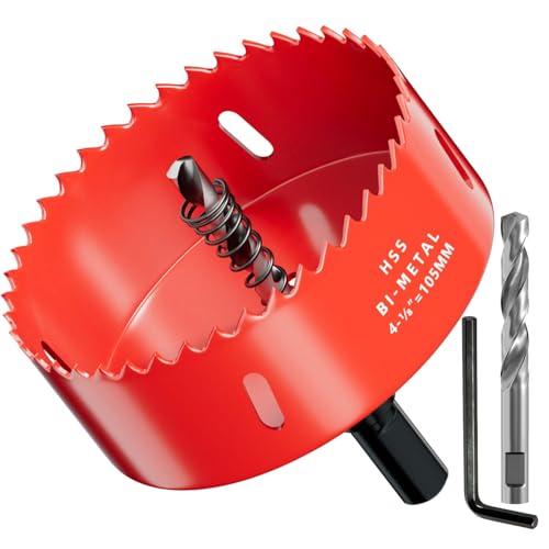 4-1/8 inch Bi-Metal Hole Saw Drill Bit - Ideal for Circular Cuts in Wood, Plastic, and Sheet Metal - 1-3/16" Cutting Depth - Includes Arbor and Pilot Bit - size: 4-1/8"(105mm)
