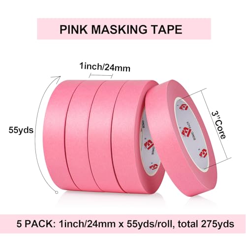 BOMEI PACK Pink Painters Tape 1 Inch Bulk - Paint Tape 5 Rolls x 1 Inch x 55 Yards - Pink Masking Tape for Walls Painting, DIY Crafting, and School Projects, Total 275 Yards - color: Pink