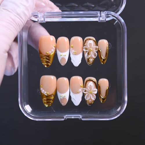 MAGLFELL Press On Nails - Handmade French Almond Fake Nails, French Nails Design, Reusable Artificial Almond False Nails for Women 10 Pcs 3D Acrylic Nails Kit (Size L) - color: Bowknot, size: L