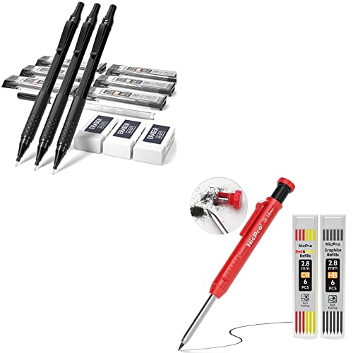Nicpro Metal Mechanical Pencils Set 0.5 & Solid Carpenter Pencil for Architect, Engineering