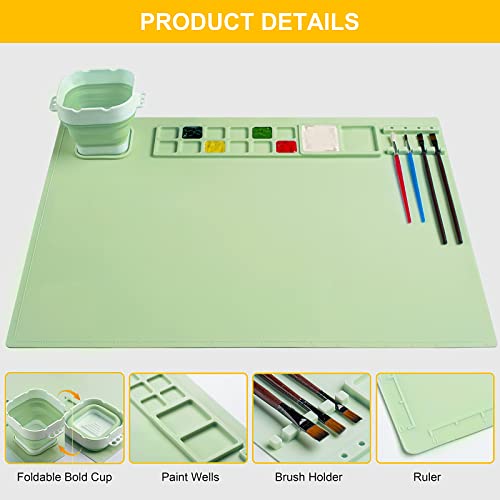 Silicone Painting Mat, Art Mat with Cup and Paint Brush Cleaner Tool - color: Green