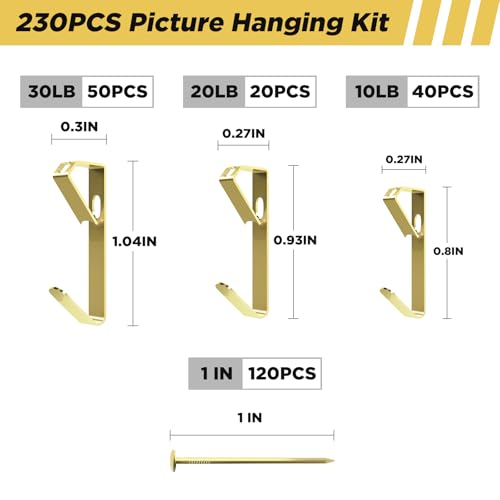Picture Hanging Hooks 230 Pieces,10lb, 20lb, and 30lb Picture Hangers ,Nails Hanging Kit, Metal Picture Hangers for Drywall Wooden Wall,Gold - color: Gold