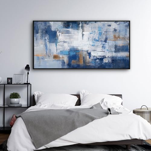 KLAKLA Navy Blue Abstract Canvas Wall Art - Black Frame Artwork Picture Living Room Wall Decor Modern Paintings Large Wall Art for Bedroom Home Decoration - color: Blue-White-Gray + Black frame, size: 48"L x 24"W