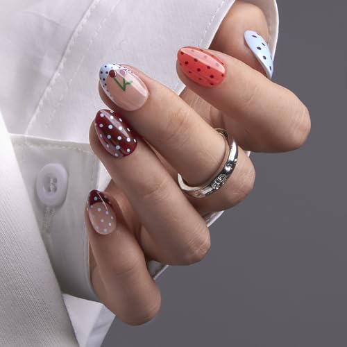 CurvLife Extra Short Almond Press On Nails, Sweet Charm Dots, Soft Gel - color: C5 - Cherry Dots