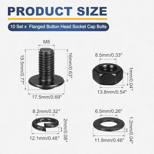 M METERXITY 10 Set M8 x 16mm Flanged Button Head Socket Cap Screws, Black 304 Stainless Steel 18-8 Hex Socket Head Screws Bolts, Nuts, Flat & Lock Washers for DIY, Furniture, Automotive - size: M8 x 16mm