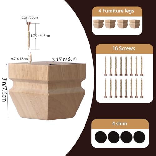 Unfinished Oak Furniture Legs - Heavy Duty Mid Century Solid Wood Replacement Sofa Legs Set of 4 for Couch Bench Bed Dresser Coffee Table (Natural 3" H*3.15" W) - color: Plain Wood Color, size: 3"H*3.15"W (No Hanger Bolt)