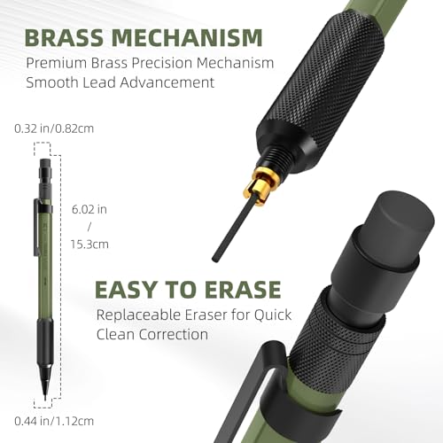 WUO 1.3mm Mechanical Pencil Set, 3 Pack Metal Mechanical Carpenter Pencils - color: oliver green