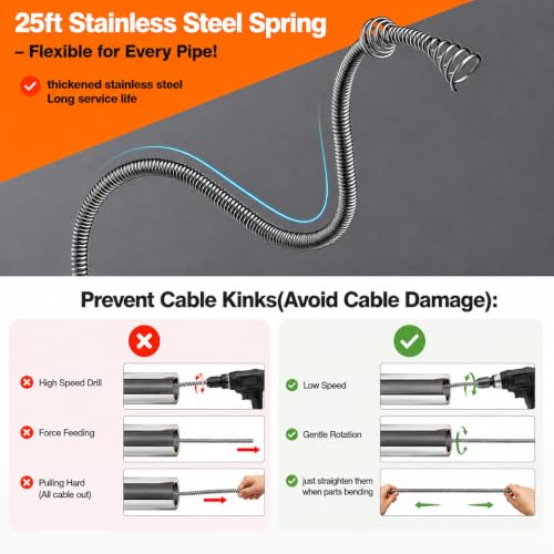 Drain Snake, Plumbing Snake With Drill Adapter, 50ft Heavy Duty Flexible Sink Steel Drain Auger Bathroom Hair Clog Removal Tool, Manual Or Powered - No auto retract or feed (Black)