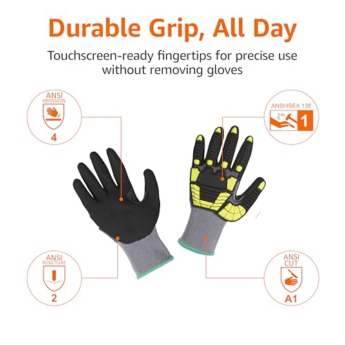 Amazon Basics Safety Work Gloves, Cut Level A1, Abrasion ANSI Level A4, Impact Protection, Touch Screen Friendly, 15G Sandy Nitrile Palm, Yellow, Size Medium, Pack of 120 Pairs - size: Medium