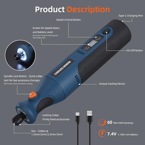 Cordless Rotary Tool Kit: 12-Speed 25000RPM Mini Rotary Tool with 179 Accessories, 7.4V Rechargeable Engraving Tool for 3D Printed Finishing, Sanding, Cutting, Drilling, Polishing, DIY Crafts