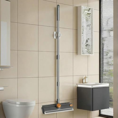 Floor Scrub Brush with Squeegee Long Handle 3 in 1 tub Brush 52'' 2026 Upgraded Multi-Functional Stiff Bristle Cleaning Scrub Brush Rotating Tile Brush for Cleaning Bathroom Patio, Pool, Garage - color: Gray Orange