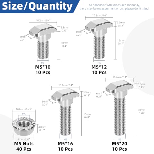 Glarks 80pcs M5 T Slot Drop-in Bolt with Hexagon Flange Nut Set, 10/12/16/20MM Hammer Head T-Bolt, T Shape Stud Sliding Screw, T Screw Stud for European Standard 20 Series Aluminum Profile - size: M5