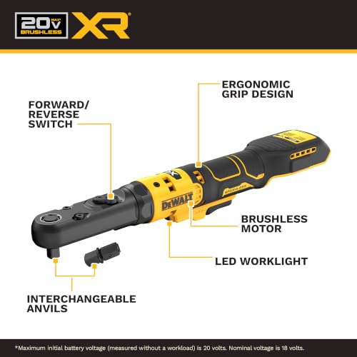 DEWALT 20V MAX XR Cordless Ratchet, 3/8" and 1/2" Sealed Head Ratchet, Bare Tool Only (DCF510B) - style: Bare Tool Only