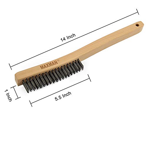 MAXMAN Wire Brush, Heavy Duty Carbon Steel and Stainless Steel Wire Brushes for Cleaning Rust, Grill, Paint Removal, Welding, Stiff Bristle Metal Brush with 14" Long Beech Wood Handle, Large, 2Pcs - style: 1 Stainless Steel Brush+ 1 Carbon Steel Brush