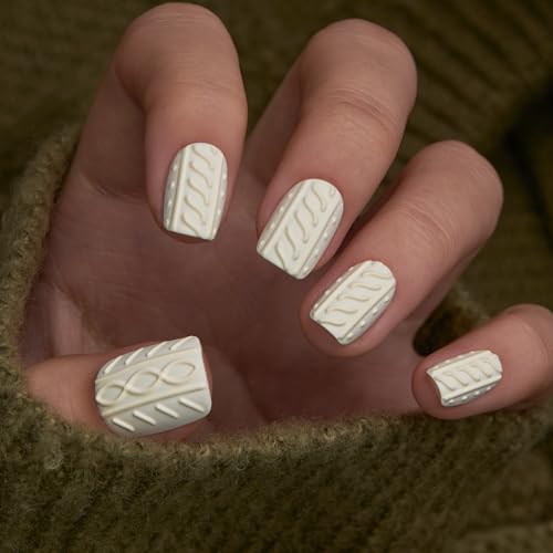 CurvLife Short Square 3D Press On Nails, Sweater Knit White, Soft Gel - color: Cream Yellow 3D Sweater Nails