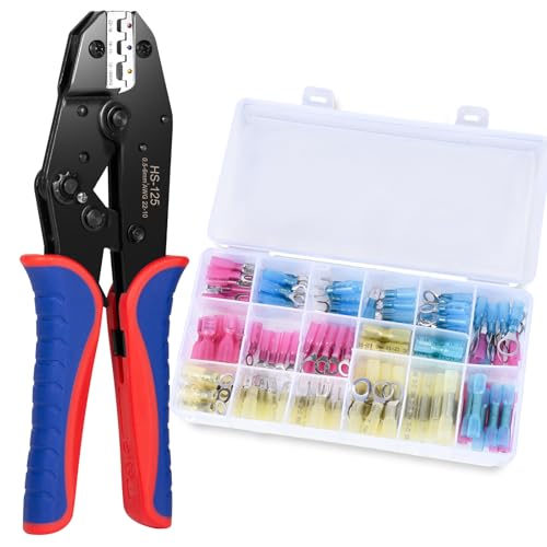 Wire Crimping Tool AWG 22-10 with 120PCS Heat Shrink Wire Connectors, Electrical Crimping Tool for Heat Shrink, Nylon, Non-Insulated Connectors, Wire Crimper Kit for Ring Fork Spade Splice