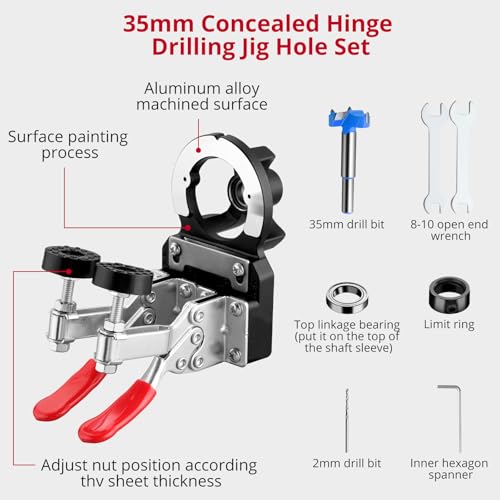 XUNTOP 35mm Concealed Hinge Jig, Aluminum Alloy Cabinet Hinge Jig, Double Clip Fixed More Stable, Precision Door Hinge Tool for Wood Furniture Door Cabinets