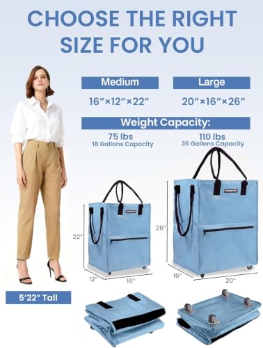 WORKPRO Large Rolling Grocery Bag, 36-Gallon Rolling Tote with 5 Wheels - color: Dusty Blue, size: Large