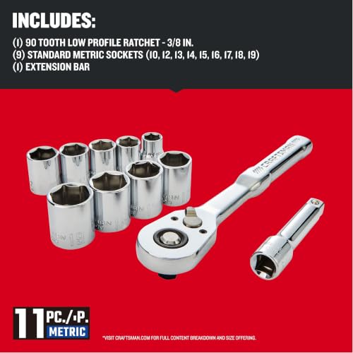 CRAFTSMAN 11-Piece Socket Set, Metric, 3/8 Inch Drive, Low Profile Ratchet, 90-Tooth (CMMT12127) - style: NEW MM, 11 Piece