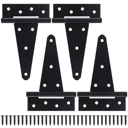 6 Inch T-Strap Gate Hinges, Shed Barn Door Hinges Heavy Duty, Black Tee Hinges for Wooden Fences, Yard Gate, Wrought Hardware Iron Rustproof (4 Pack/Set) - size: 6 Inch