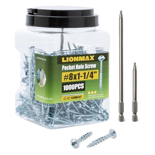 LIONMAX Pocket Hole Screws 1-1/4 Inch, 1000 PCS, Interior #8 Pocket Screws