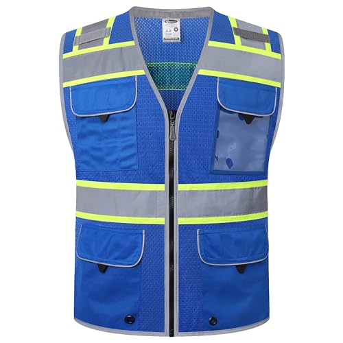 JKSafety Hi-Vis Unisex Surveyor Safety Vest Heavy Duty PPE Inner Pockets ANSI/ISEA Compliant - color: Jk189-blue, size: Medium