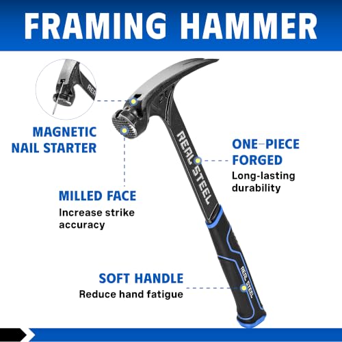 Real Steel 21 Oz One Piece Forged Milled Face Framing Hammer with Rip Claw 0517, Black - size: 21 oz