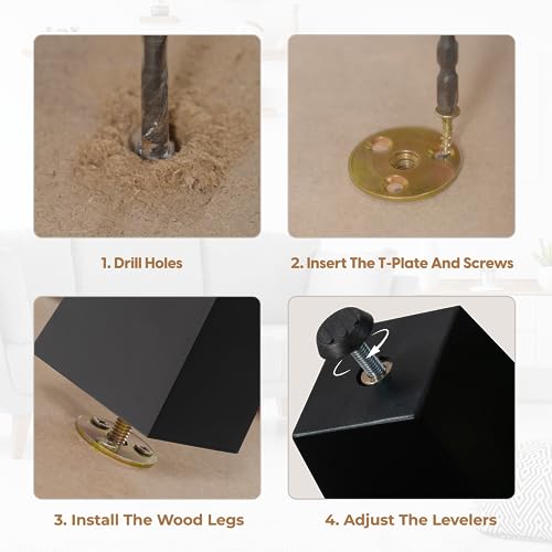 Yes4All 6-Inch Square Black Solid Wood Furniture Legs Set of 4, Heavy Duty 800 lbs Capacity, Adjustable Levelers, Replacement Furniture Legs for Couch, Sofa, Dresser, Ottoman, Chair, and Bed - color: Square Black, size: 6 inch