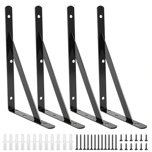 4 Pack L16 x H 10" Heavy Duty Shelf Brackets with Screws Open Floating Shelving Bracket L Brackets Black Metal Shelf Brackets for Shelves, Room, Pantry,Garage - size: L 16" x H 10" x W 1", style: 4 Pack-Black