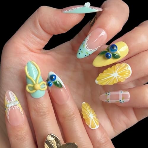 MAGLFELL Press On Nails, 10 Pcs Handmade French Almond Fake Nails, Reusable Artificial Cute Fruit Pattern False Nails for Women 3D Acrylic Nails Kit (Size L) - color: Blueberry, size: L