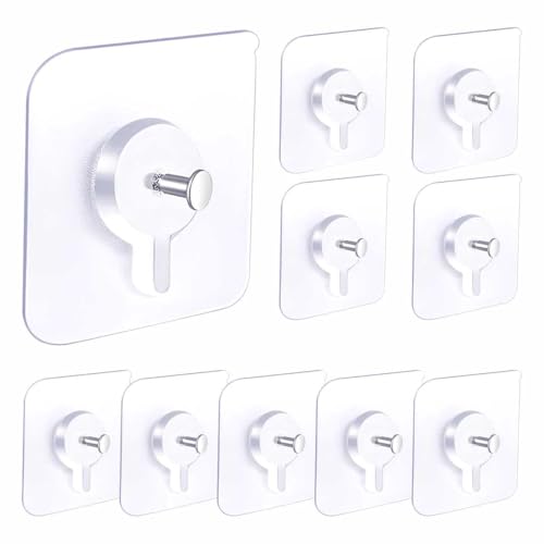Adhesive Wall Hooks Heavy Duty, No-Drill Clear Hooks for Bathroom and Kitchen, Water-Resistant Holders for Towels, Keys and Small Accessories, 10 Pack