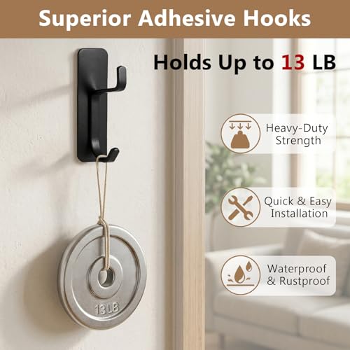 4 Pack Black Stainless Steel Double Wall Hooks, 13LB Strong Adhesive Heavy Duty Stick On Towel Hooks for Bathroom Kitchen Entryway