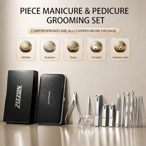 Manicure Set, Stainless Steel Nail Clipper Set with Luxurious Travel Case - color: Silver and Black