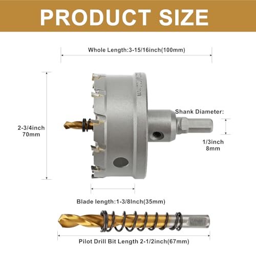 2-3/4'' TCT Hole Saw Kit Tungsten Carbide Tipped Hole Saw Drill Bit with Titanium-Plated Pilot Drill bit for Metal, Stainless Steel, Iron (70MM) - size: 70MM | 2-3/4''