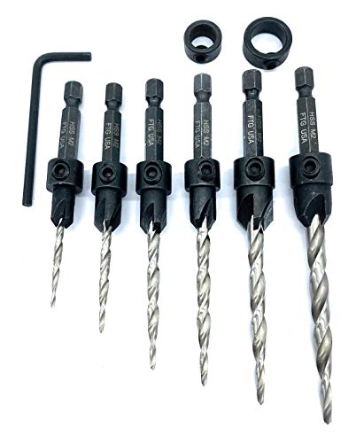 FTG USA 6 Pc Wood Countersink Set #4#6#8#10#12#14 w/ 2 Depth Stop Collars - size: #4#6#8#10#12#14, style: with Depth Stop