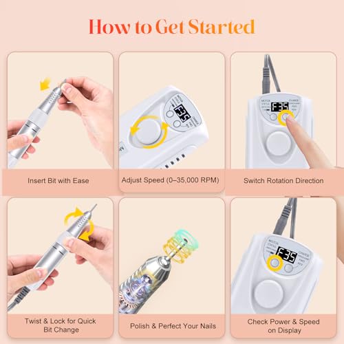 Professional Electric Nail Drill, 35000RPM Rechargeable E File - color: Glossy White