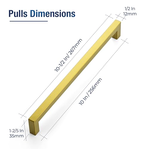 JOY DECOR Gold Cabinet Handles Square Cabinet Pulls, 10 Inch CC, 10 Pack - size: 10 Inch Hole Center