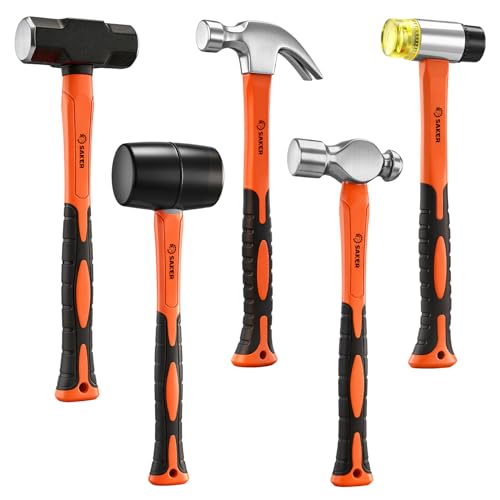 Saker 5-Piece Hammer Set,3lb Sledge Hammer,16oz Rubber Mallet, 16oz Ball Peen Hammer & Claw Hammer, 7oz Cross Peen Hammer for Home Repair & DIY Projects - size: 5 Piece