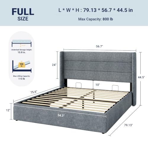 Allewie Full Size Lift Up Hydraulic Storage Bed Frame Blue Grey - color: Blue Grey, size: Full, style: Modern
