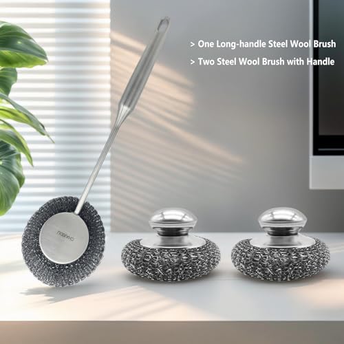 Stainless Steel Wool Scrubber Set, Long HandleBrushes for Pots, Pans, Grills & Cutlery Cleaning (3 Pack)