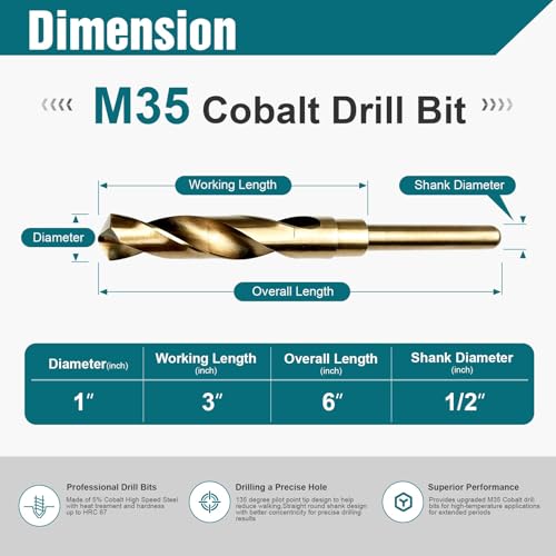 1 Inch Cobalt Drill Bit, M35 HSS Twist Drill Bit, 135° Split Point - size: 1 Inch