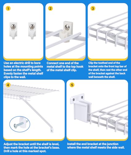 6 Pack 12 Inch Wire Shelf Brackets Set, Closet Maid Support Brackets with Anchors and Screws, Wire Closet Shelving Accessories with 12 PCS Wire Shelf Clips for Wardrobe and Wall Bracket