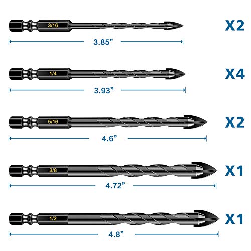 Masonry Concrete Drill Bit Set for Tile, Brick, Glass, Plastic and Wood, Tungsten Carbide Tip Work with Ceramic Tile, Wall Mirror, Paver on Concrete or Brick Wall, 10 Pcs - size: 10 Pack Multiple Sizes