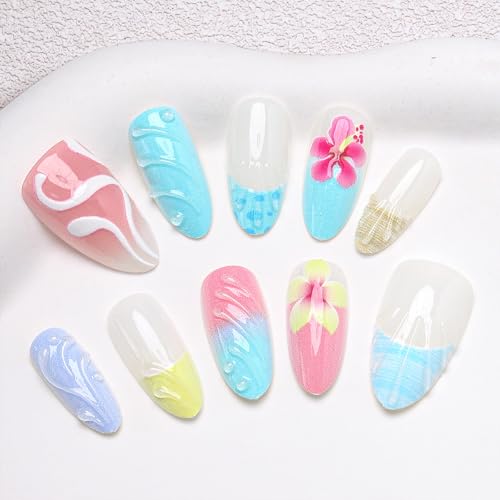 3D Color Press on Nails Almond - Medium French Tip Fake Nails with Embossed Flower&White Bead Designs, Glossy Finish Reusable False Nails for Women Manicure(3D Embossed design 10) - color: 3D Embossed design 10
