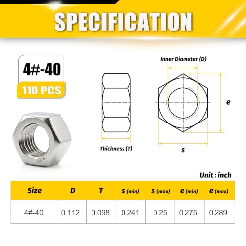 110Pcs 4-40 UNC Hex Nuts 304 Stainless Steel A2-70 Small - size: SAE 4#-40;110pcs